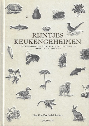Omslag van Rijntjes keukengeheimen, eenvoudige en koninklijke recepten in IV seizoenen / eenvoudige en koninklijke gerechten voor IV seizoenen, tweedehands boek bij Boekhandel Bloks